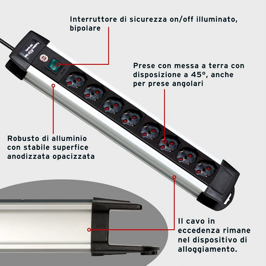 Brennenstuhl 1391005018 Mehrfachsteckdose, Serie Premium Alu Line, 8 ITALIENISCH