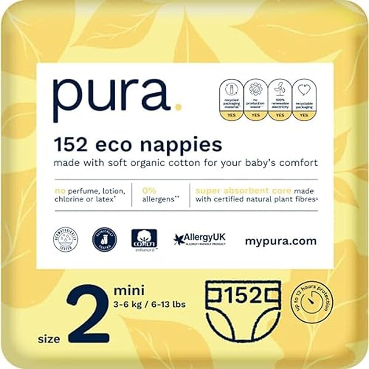 Pura Öko-Windeln Größe 2 (Mini 3-6 kg), 152 Windeln (4 x 38 pro Packung), Monats