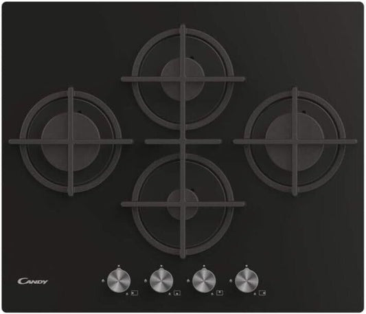 Candy CVG6DPB Gasherd aus gehärtetem Glas, 4 Brenner, Einbaugrill, Gusseisen, Si