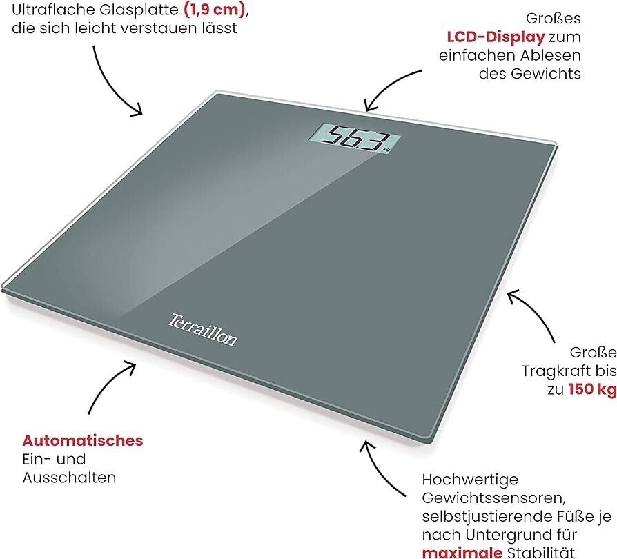 Terraillon TX1500 Elektrische Personenwaage Ultra flach Große LCD-Anzeige 150kg