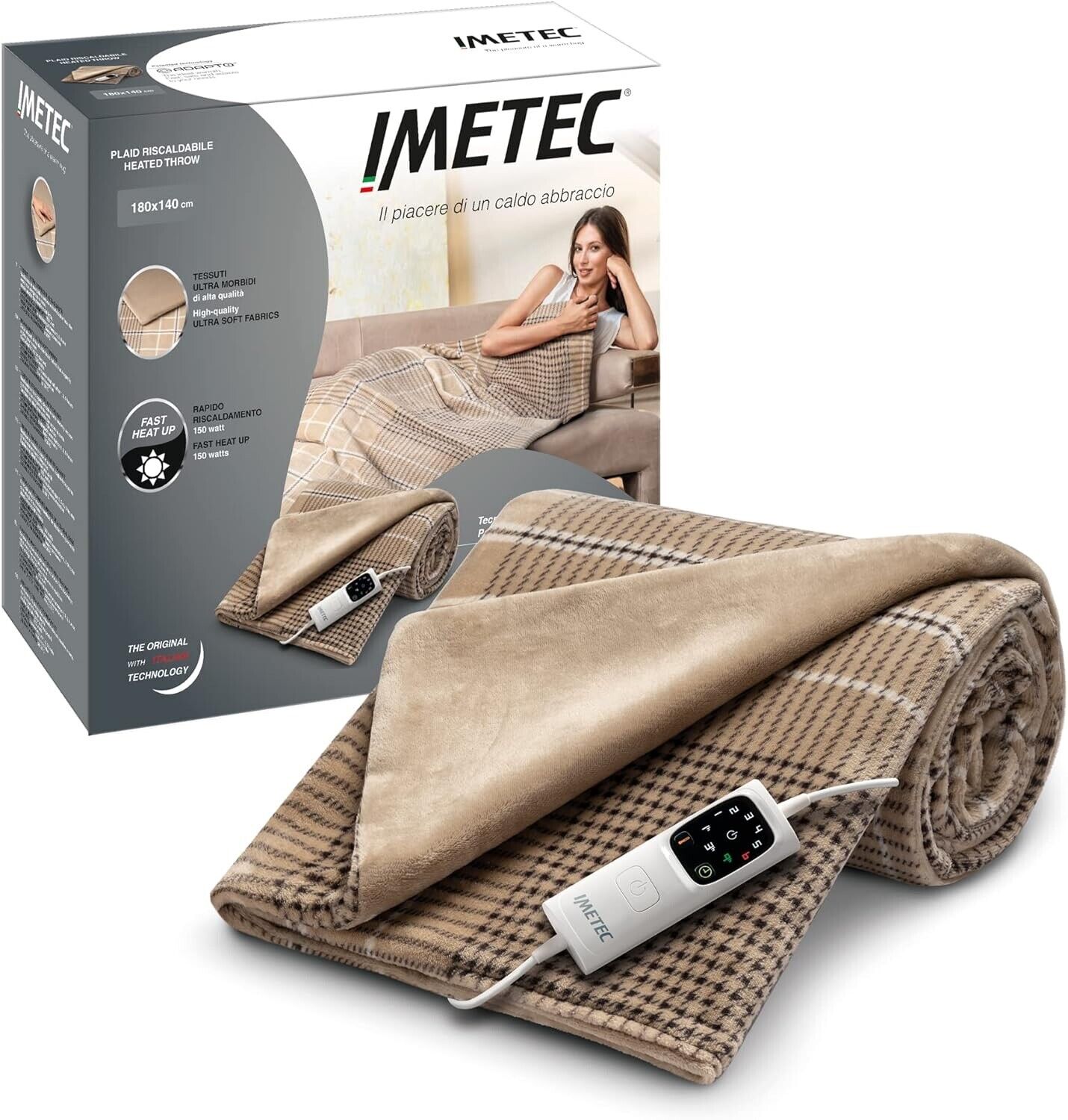 Imetec Adapto Elegance, beheizbares Plaid, Heizdecke, 180 x 140 cm weicher Stoff