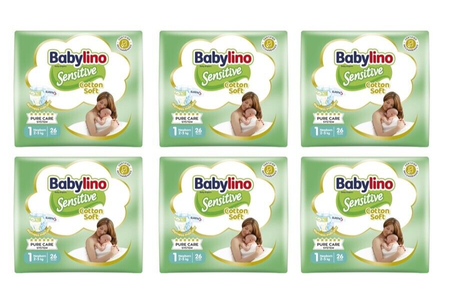 Babylino Sensitive Babywindeln, Größe 1, Newborn (2-5 kg), 6 x 26 Stück